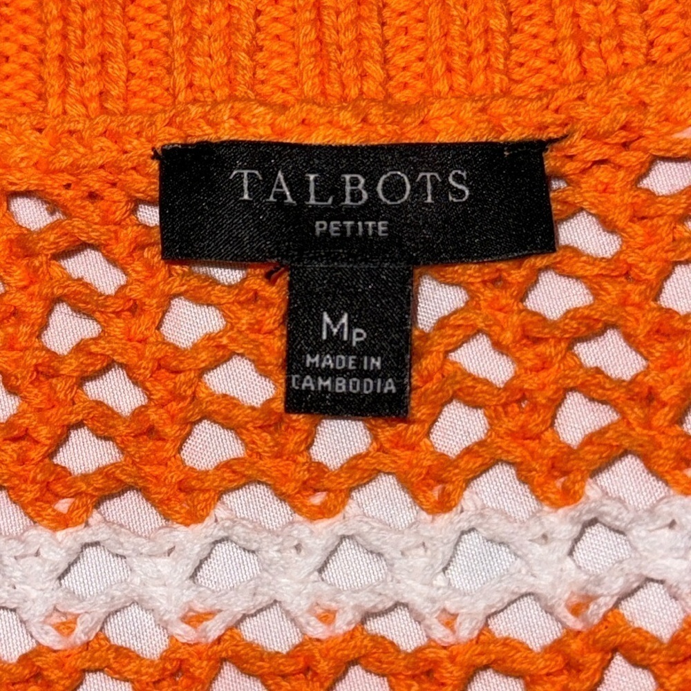 Talbots Open Knit Crochet Tunic Sweater Orange Stripes Cotton Med Pet Beach - Picture 9 of 10